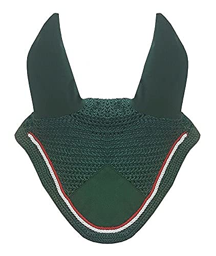 Horse Fly Bonnet Double Piping Ear Net Fly Veil Mask Breathable Cotton Crochet Horse Tack (Pony, Dark Green/Hunter Green)